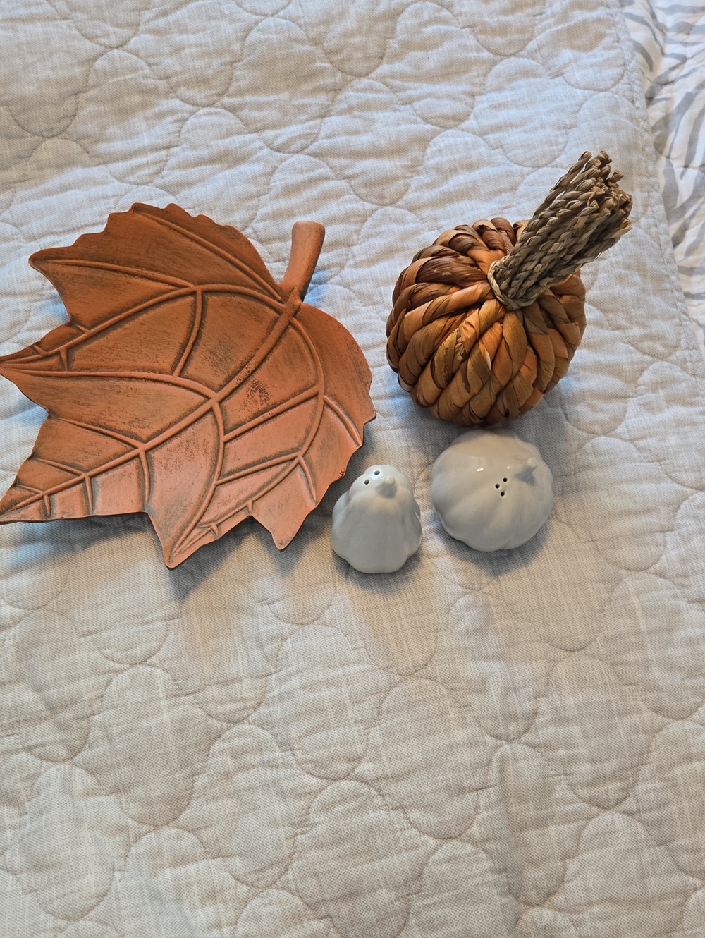 Decorative Terracotta Leaf Tray and Neutral Pumpkin Accent Set